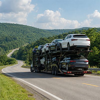 Car carrier winding through green hills