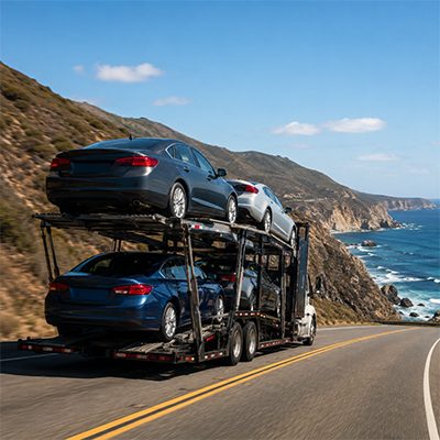 Car carrier on a coastal highway
