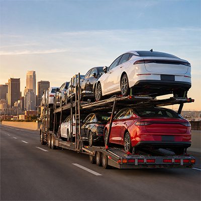 Car carrier leaving a downtown skyline