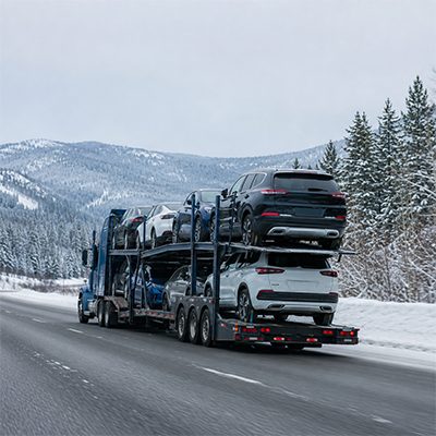 Car carrier on a snowy highway