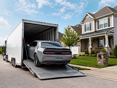 Muscle car being unloaded from an enclosed trailer in a driveway