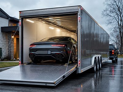 Sports car loading into an enclosed transport trailer