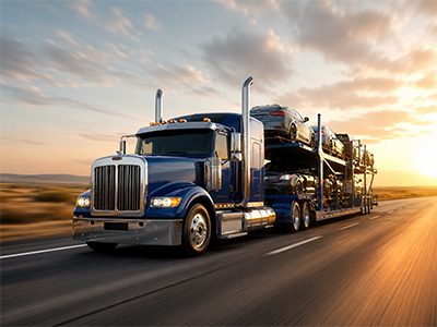 Blue transport truck hauling vehicles at sunrise
