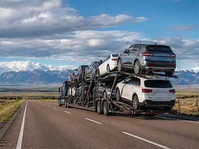 Open car carrier loaded with sedans on the highway