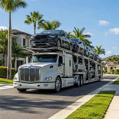 Car carrier in a palm-lined Florida neighborhood
